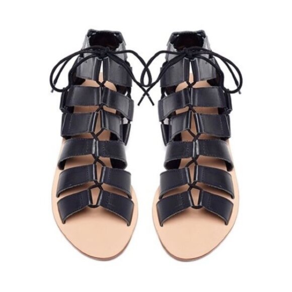 Loeffler Randall Skye Gladiator Sandals Lace Up Leather Black Flats Open toe 6 - Picture 2 of 14
